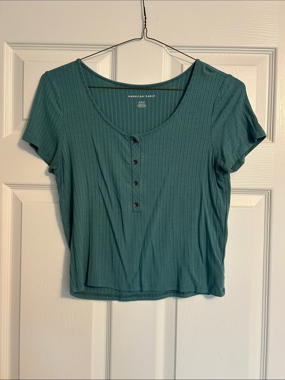 American Eagle Outfitters Teal Ribbed Henley Crop Top